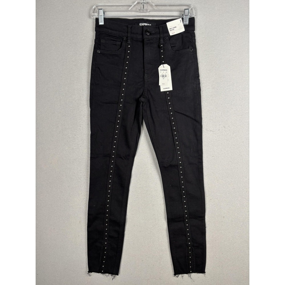 Express Leggings Womens 2 Black High Rise Studded Ankle Denim‎ Stretch Pants